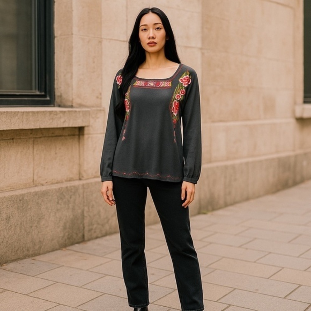 JODIFL Black Blouse with Red Floral Embroidery